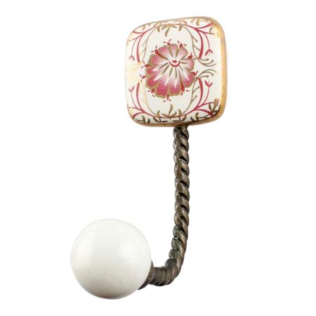 Pink Flower Square Ceramic Wall Hook in Antique Fitting 